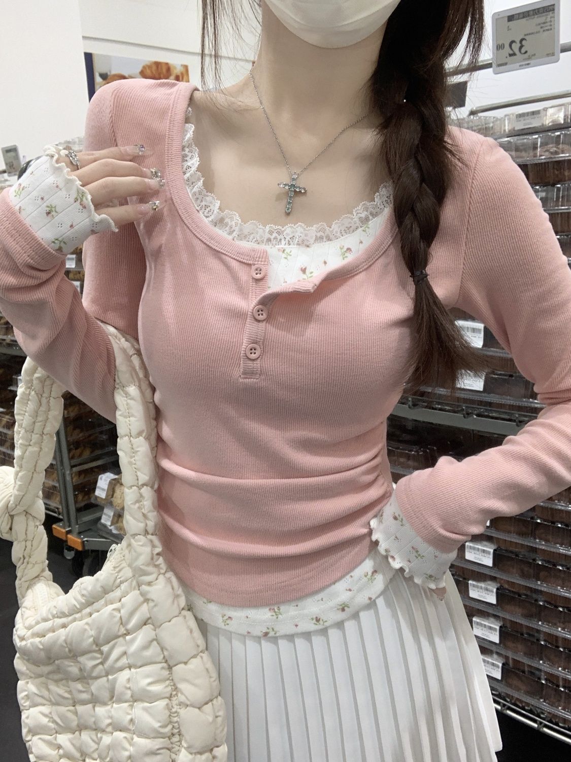 2026 Pink Floral Two-piece Cre - đánh giá và giá Undershirt Crew Neck